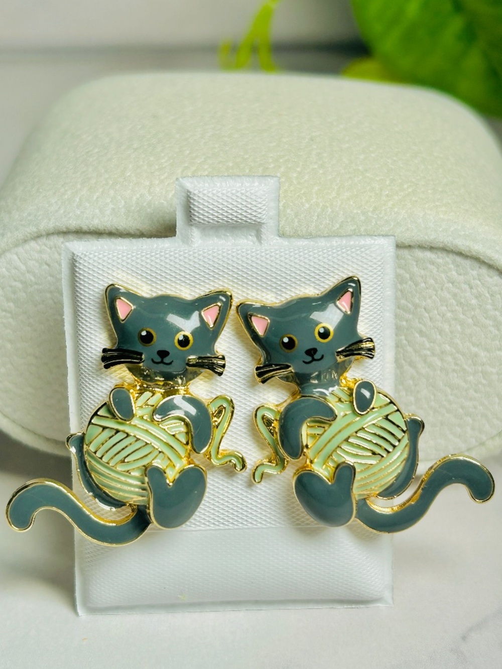 Darling Cat & Yarn Enamel Earrings, post back
